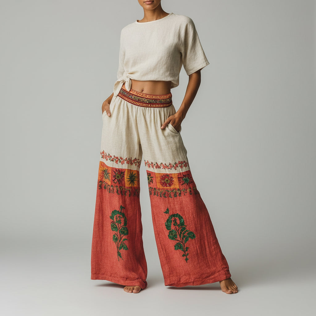 Pantalon Femme À Jambe Large À Cordon De Serrage Et Taille Haute Boho Décontracté