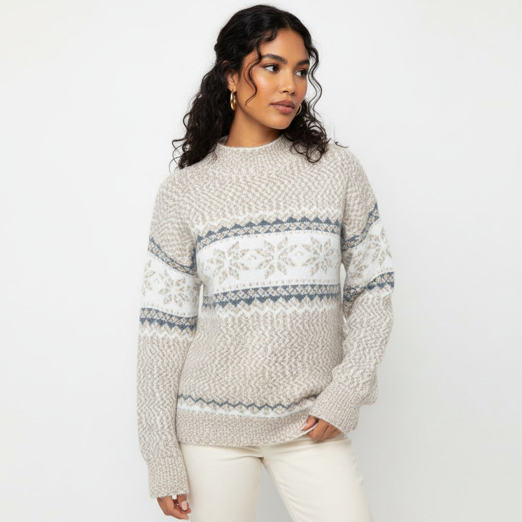 Pull Femme Col Rond Motif Fair Isle En Maille À Coupe Décontractée Pour Hiver Chic Et Confortable