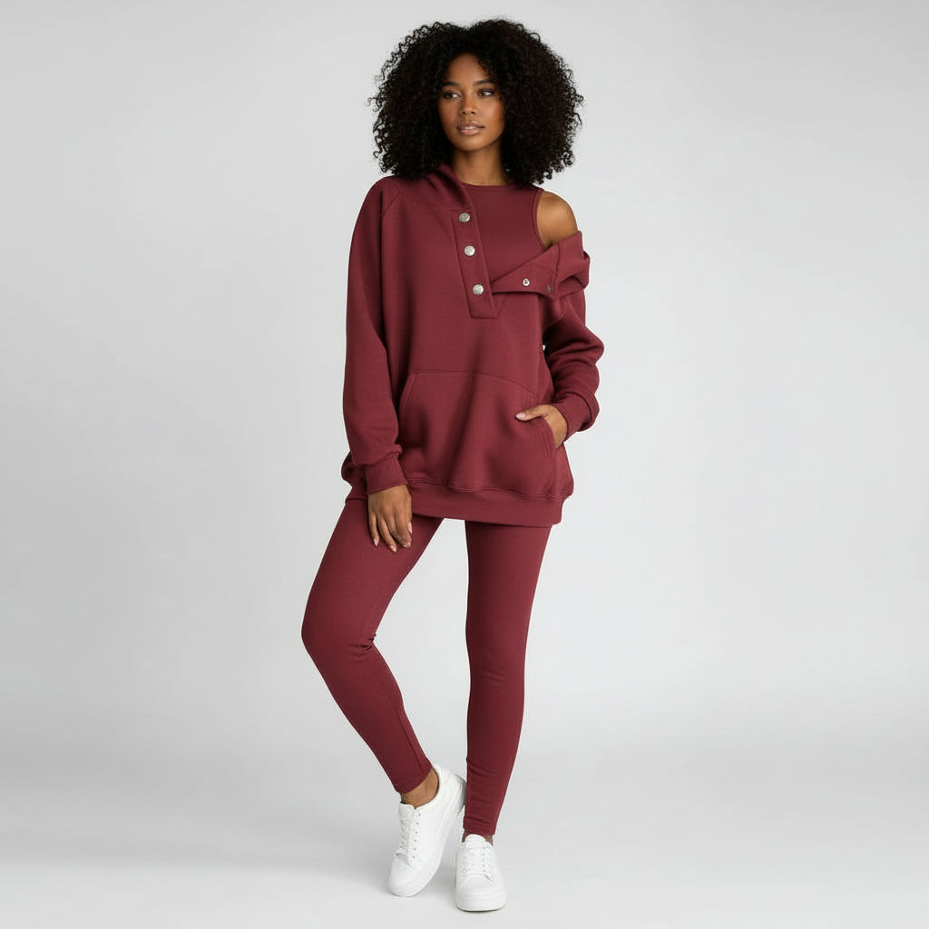Ensemble Sweat À Capuche Pour Femme Avec Leggings Coordonnés Détail Bouton Poche Kangourou Confort Style