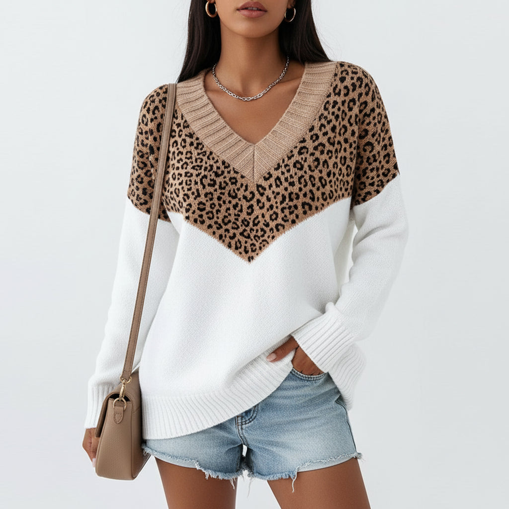 Pull Femme Col V Bloc De Couleurs Avec Motif Chevron Et Bord Côtelé Confortable Et Polyvalent