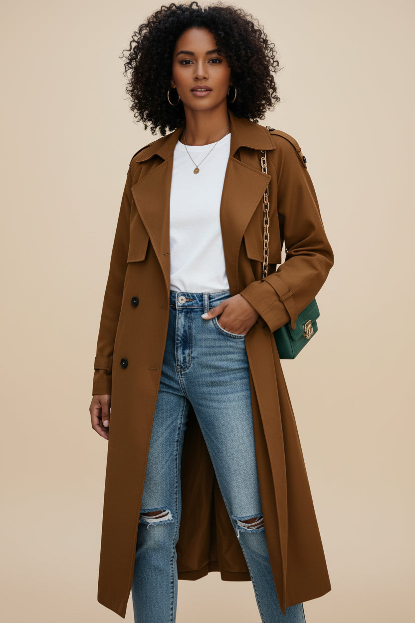 Manteau Trench Long À Double Boutonnage Pour Femme Élégant Et Polyvalent Confort Toute Journée Pour Bureau Et Loisirs