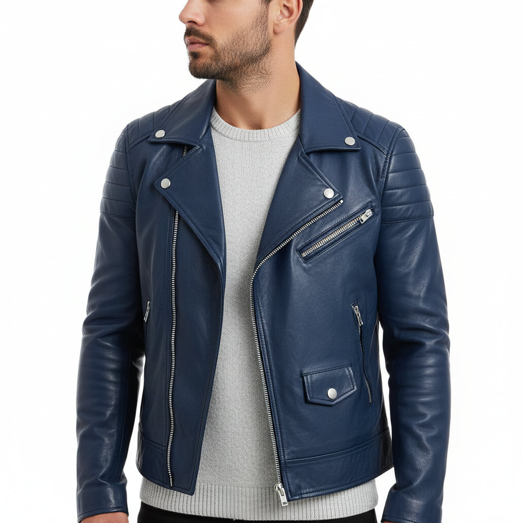 Veste Biker En Cuir Homme Avec Zip Asymétrique Et Épaules Matelassées Pour Coupe Slim