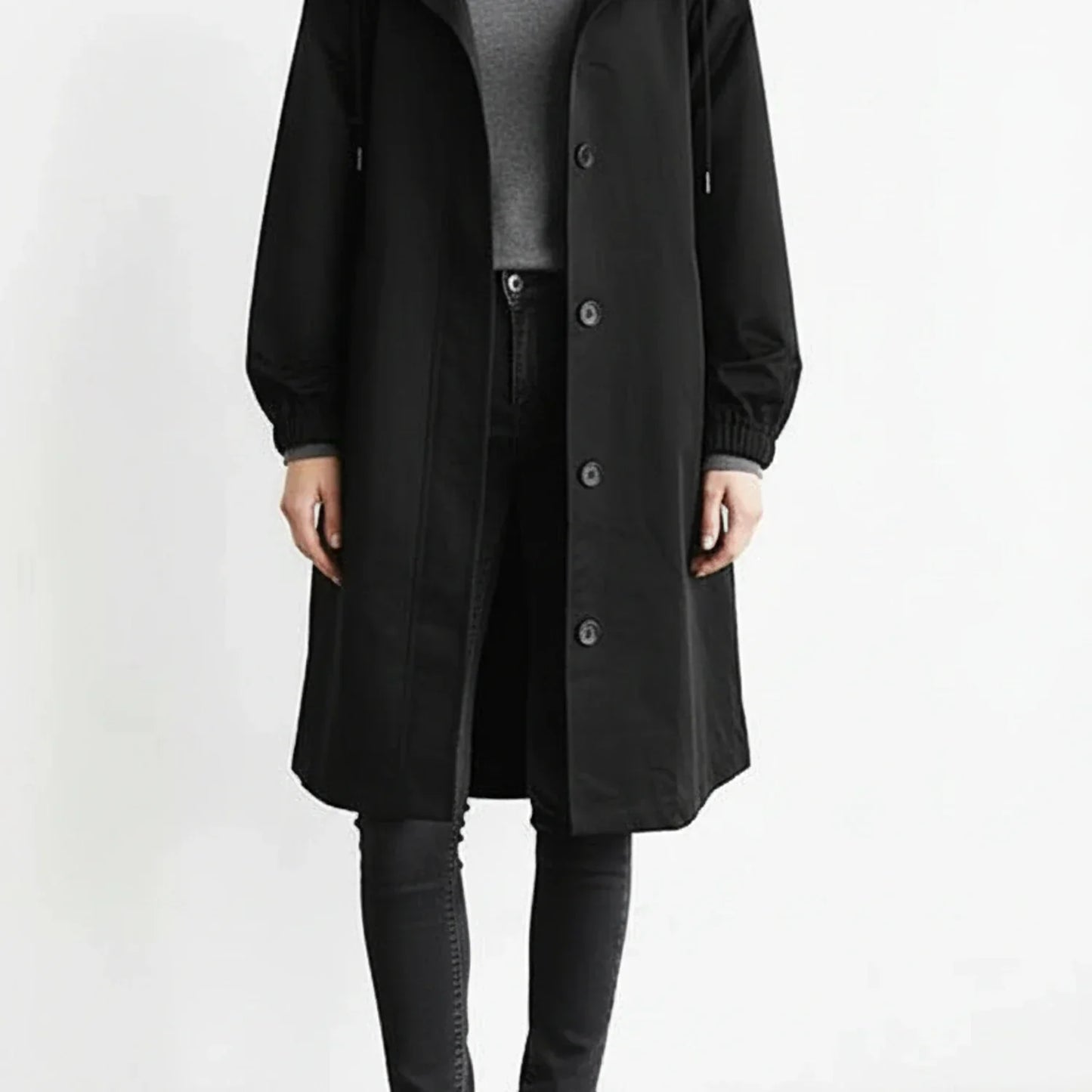 Manteau Long à Capuche pour Femme Coupe A Ligne Avec Boutons Poches Latérales et Cordons de Capuche Raglan