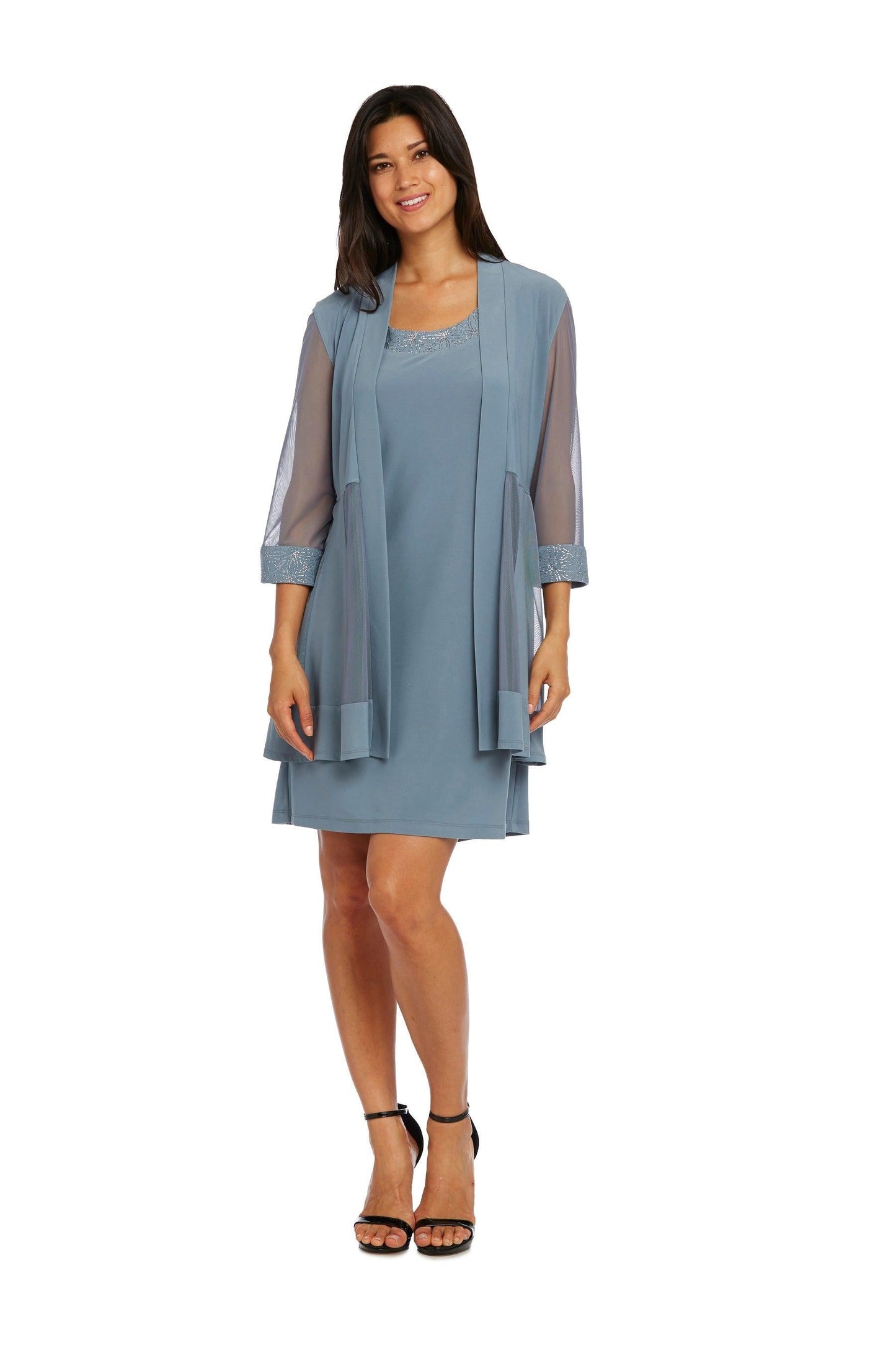 Robe Courte Pour Mère De La Mariée Modèle 8271 Avec Veste Col En Scoop Manches Translucides