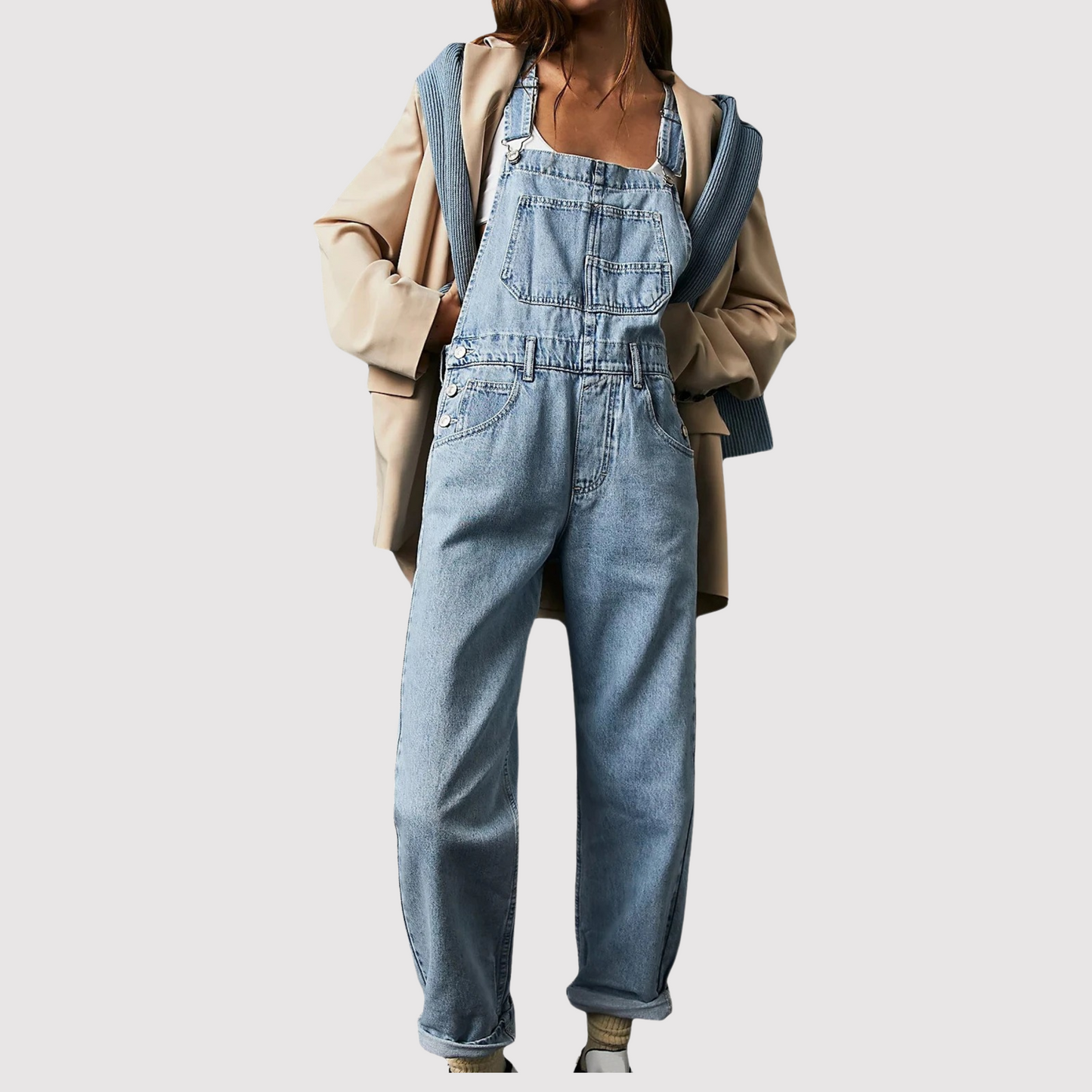 Rhea Combinaison En Denim Femme Décontractée Avec Encolure Ronde Profonde Poches Plaquées Oversize Harem