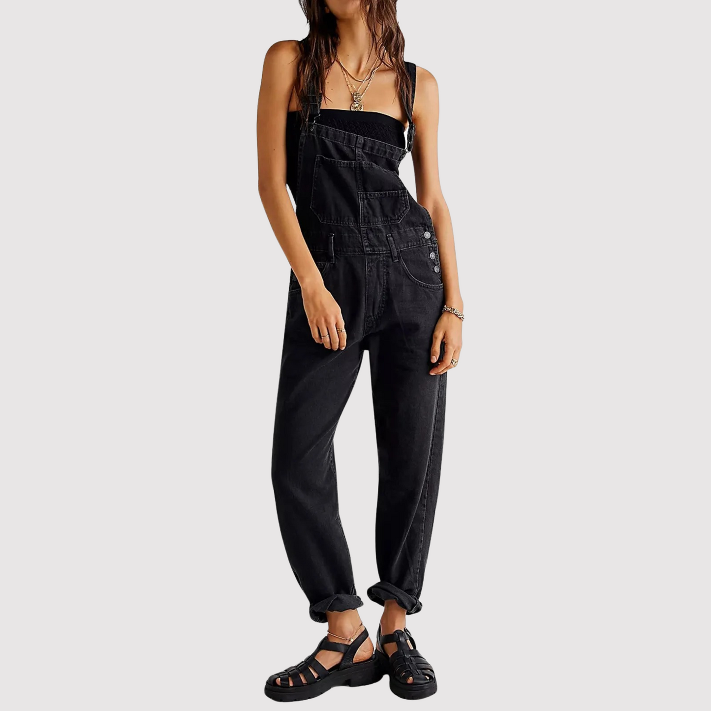 Rhea Combinaison En Denim Femme Décontractée Avec Encolure Ronde Profonde Poches Plaquées Oversize Harem