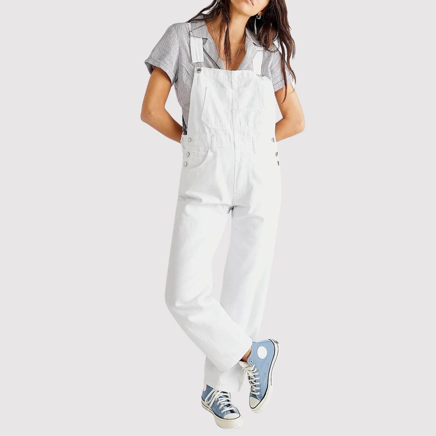 Rhea Combinaison En Denim Femme Décontractée Avec Encolure Ronde Profonde Poches Plaquées Oversize Harem