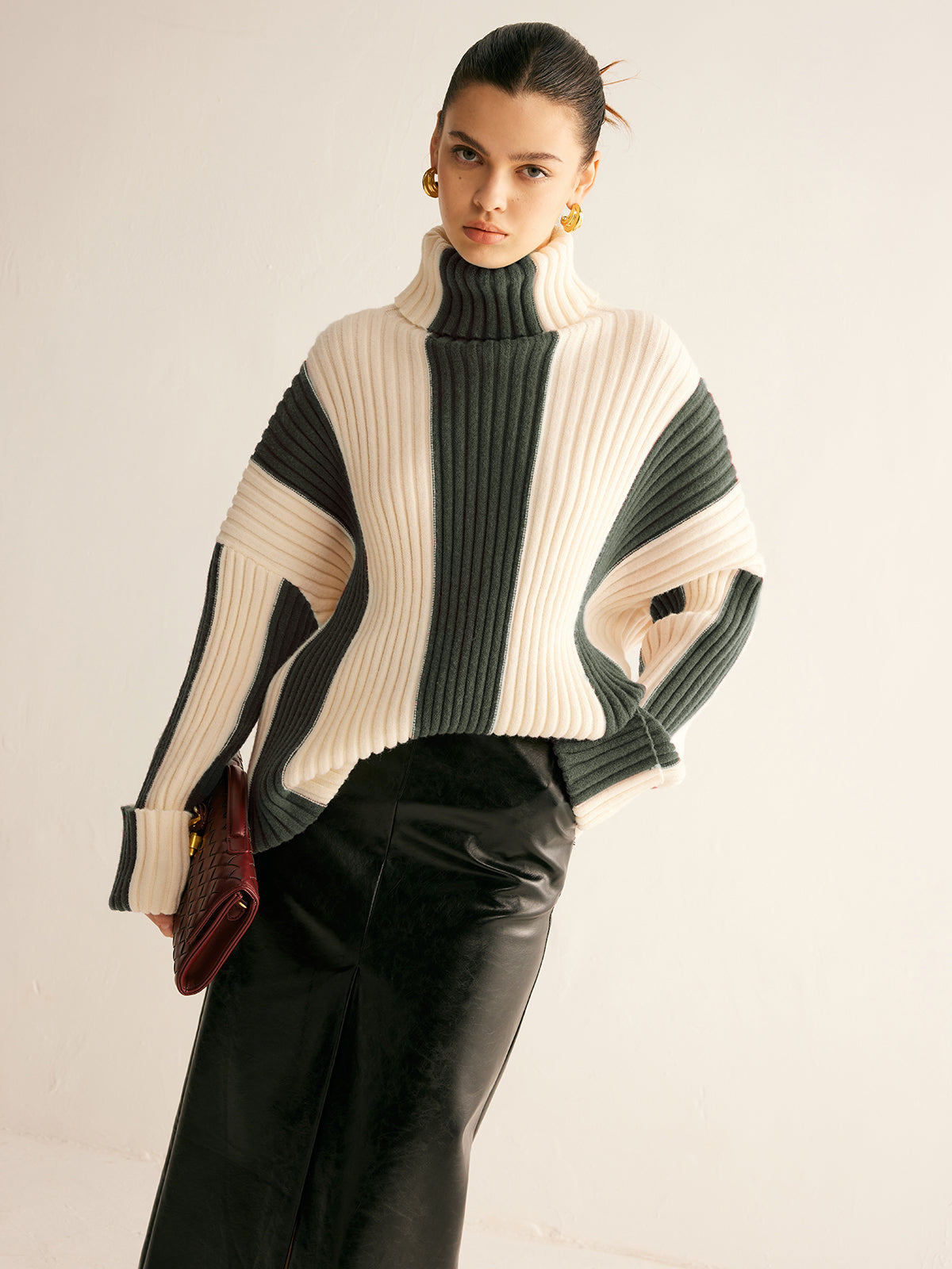 Pull Col Roulé Côtelé Bicolore Chic Pour Le Travail et Loisirs Épais Confortable Durable