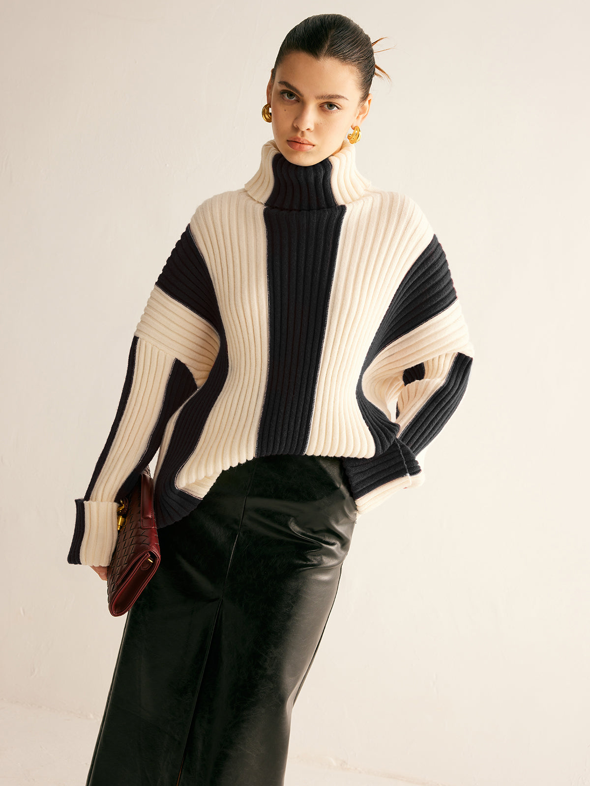 Pull Col Roulé Côtelé Bicolore Chic Pour Le Travail et Loisirs Épais Confortable Durable