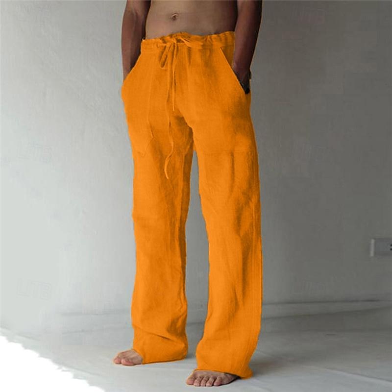 Pantalon Pour Homme En Lin Respirant Léger À Cordon Coupe Ample Décontracté Été Style Décontracté
