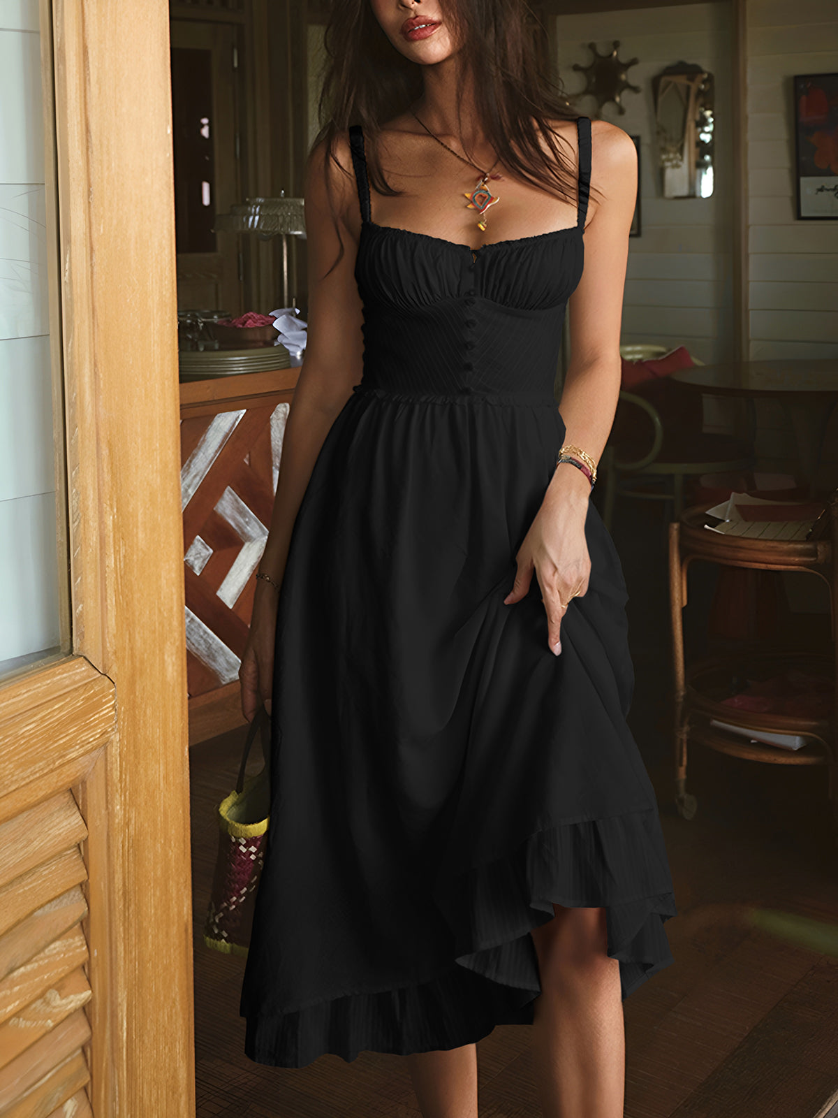 Amawinc Robe Midi Uni Cami Avec Ourlet À Volants Polyvalente Pour Mariage Vacances Travail