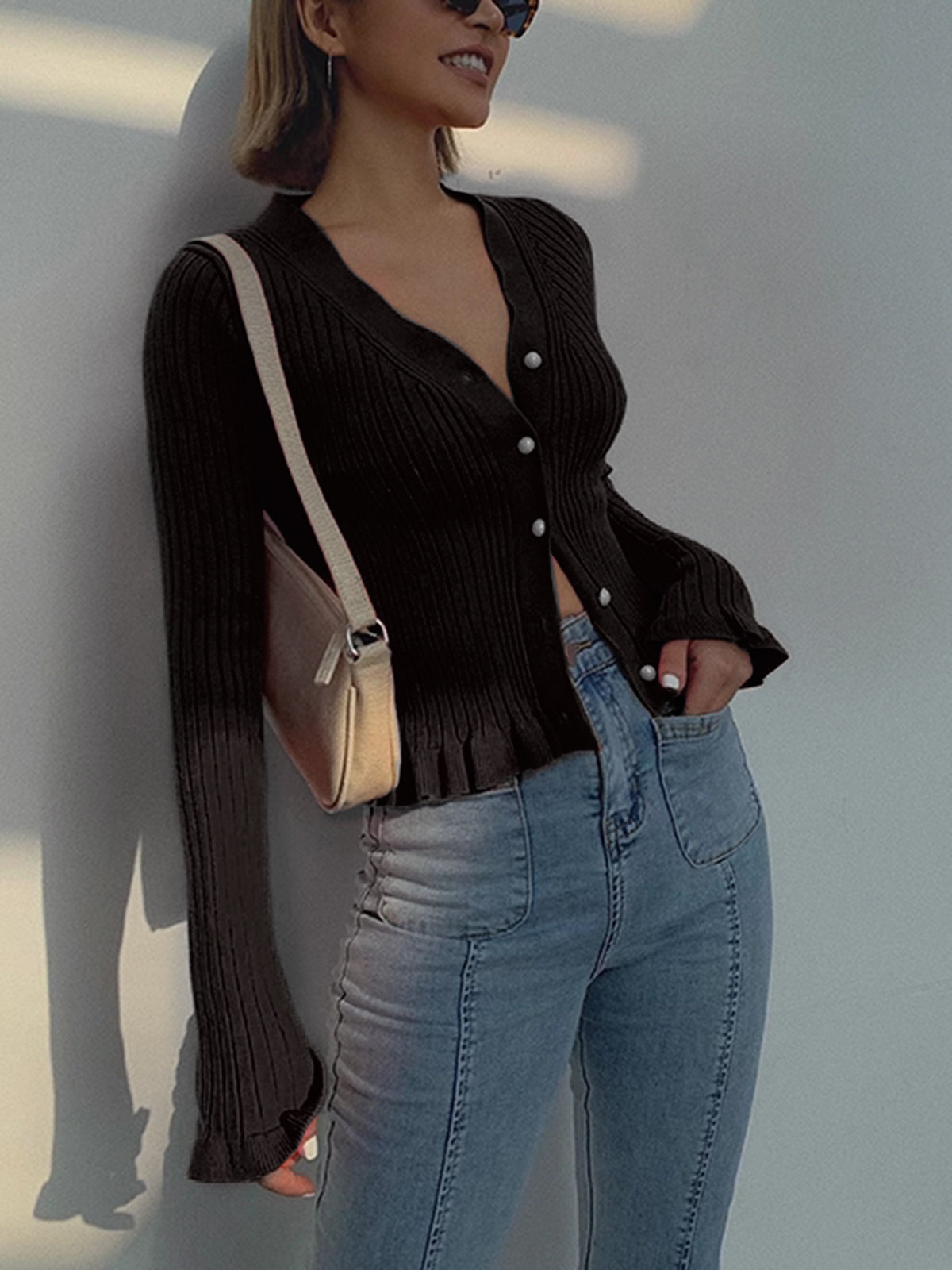 Cardigan À Manches Longues Boutons Perle Froncé Effet Feuille Élégant Coupe Slim
