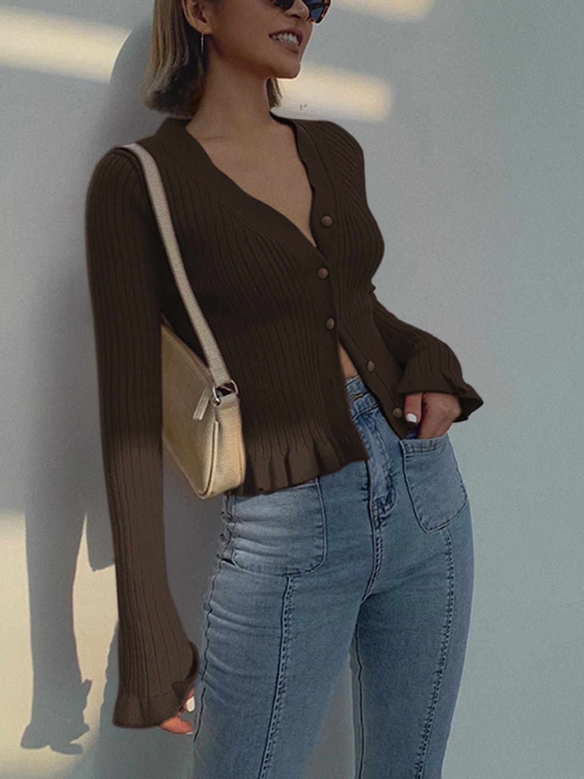 Cardigan À Manches Longues Boutons Perle Froncé Effet Feuille Élégant Coupe Slim