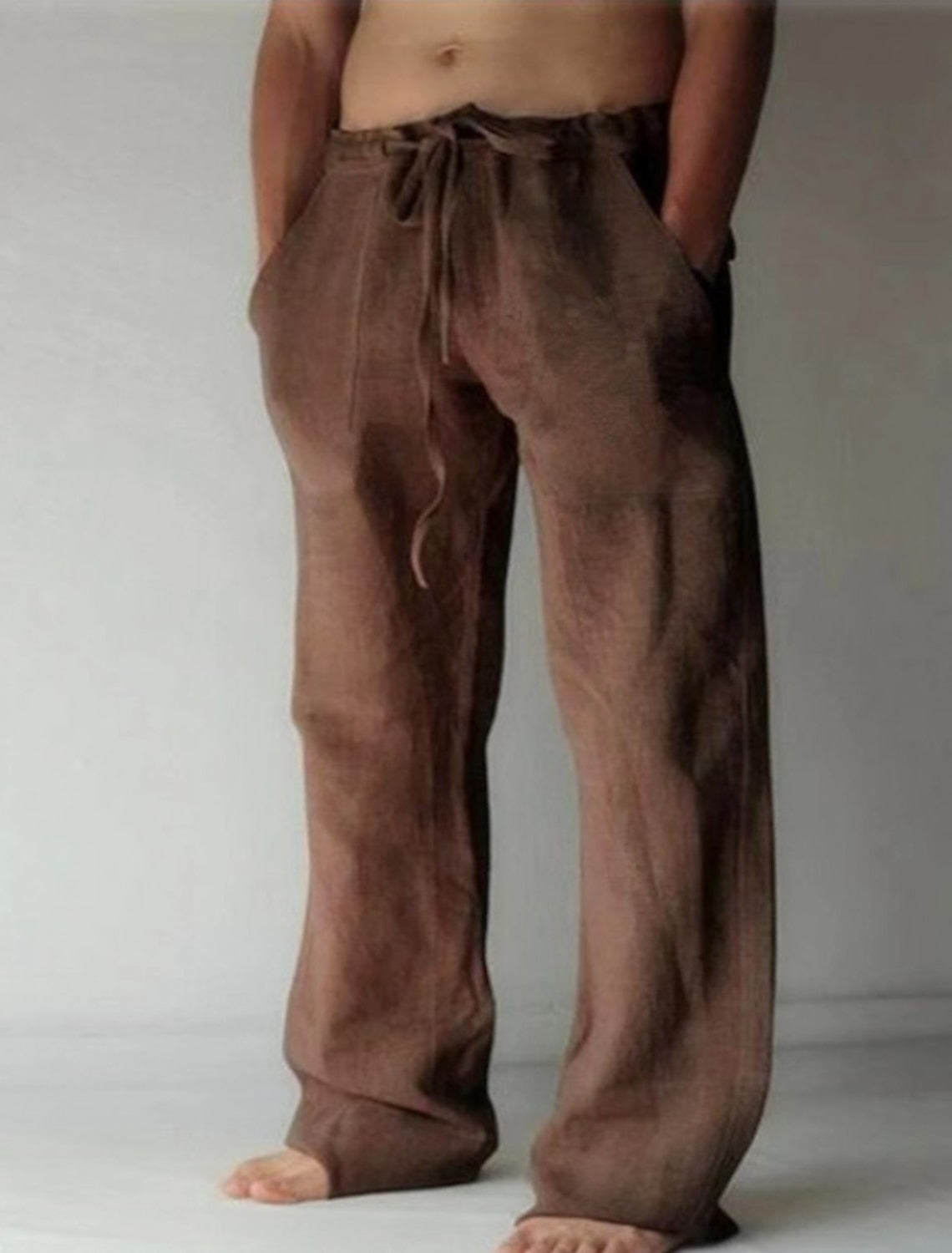 Pantalon Pour Homme En Lin Respirant Léger À Cordon Coupe Ample Décontracté Été Style Décontracté