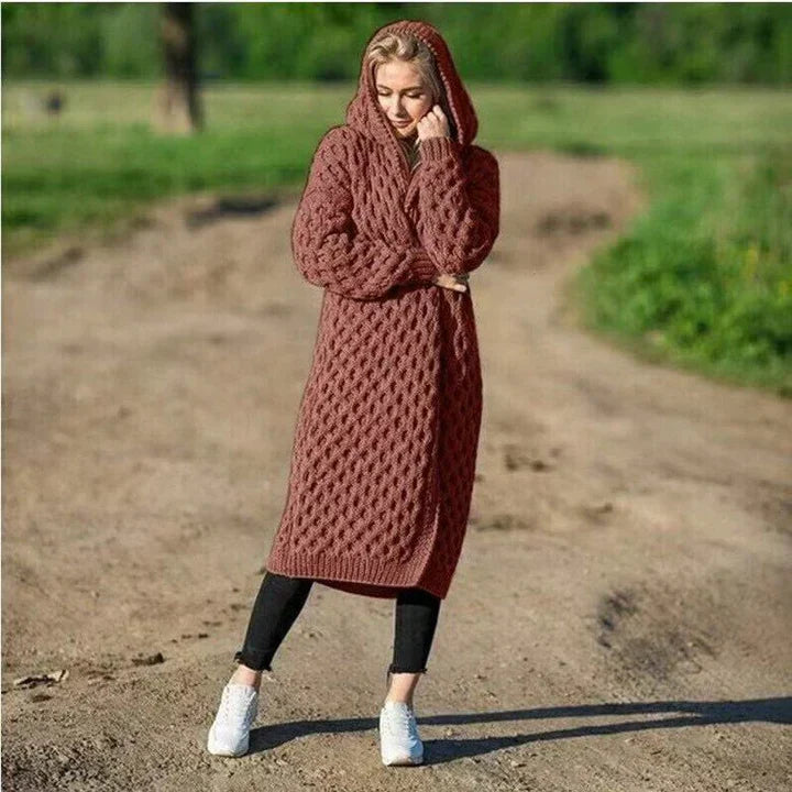 Cardigan À Capuche Femme En Tricot Épais Décontracté Avec Tricot Câblé Et Ouverture Longue