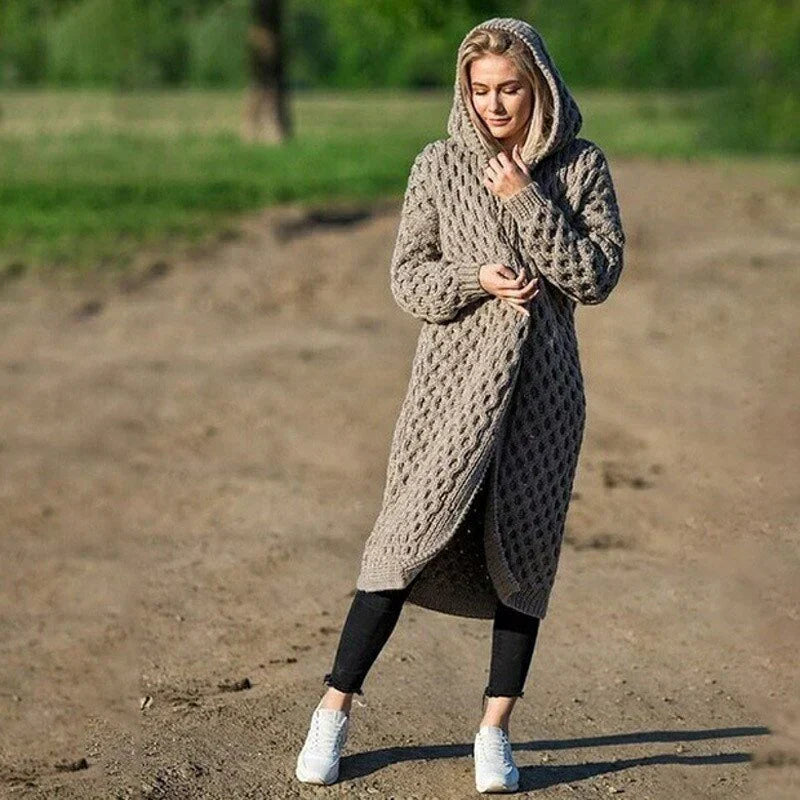 Cardigan À Capuche Femme En Tricot Épais Décontracté Avec Tricot Câblé Et Ouverture Longue