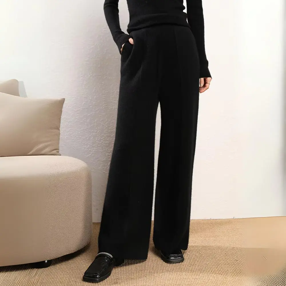 Pantalon Tricot Sabrina Mélange Laine Cachemire Jambe Large Confort Élégant Automne Hiver