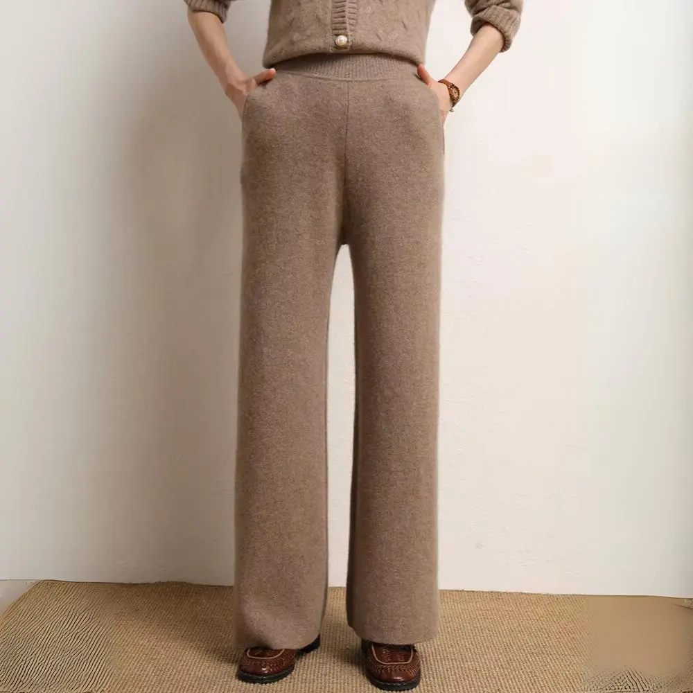 Pantalon Tricot Sabrina Mélange Laine Cachemire Jambe Large Confort Élégant Automne Hiver