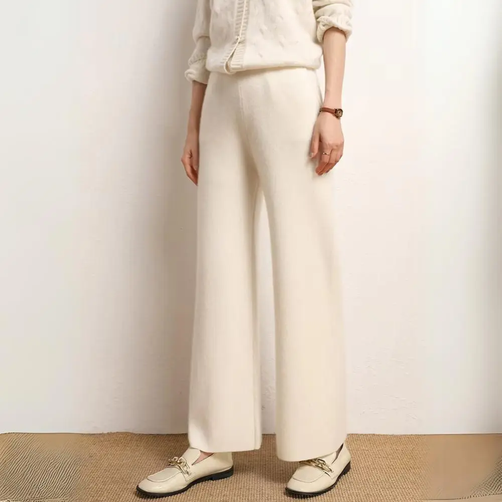 Pantalon Tricot Sabrina Mélange Laine Cachemire Jambe Large Confort Élégant Automne Hiver