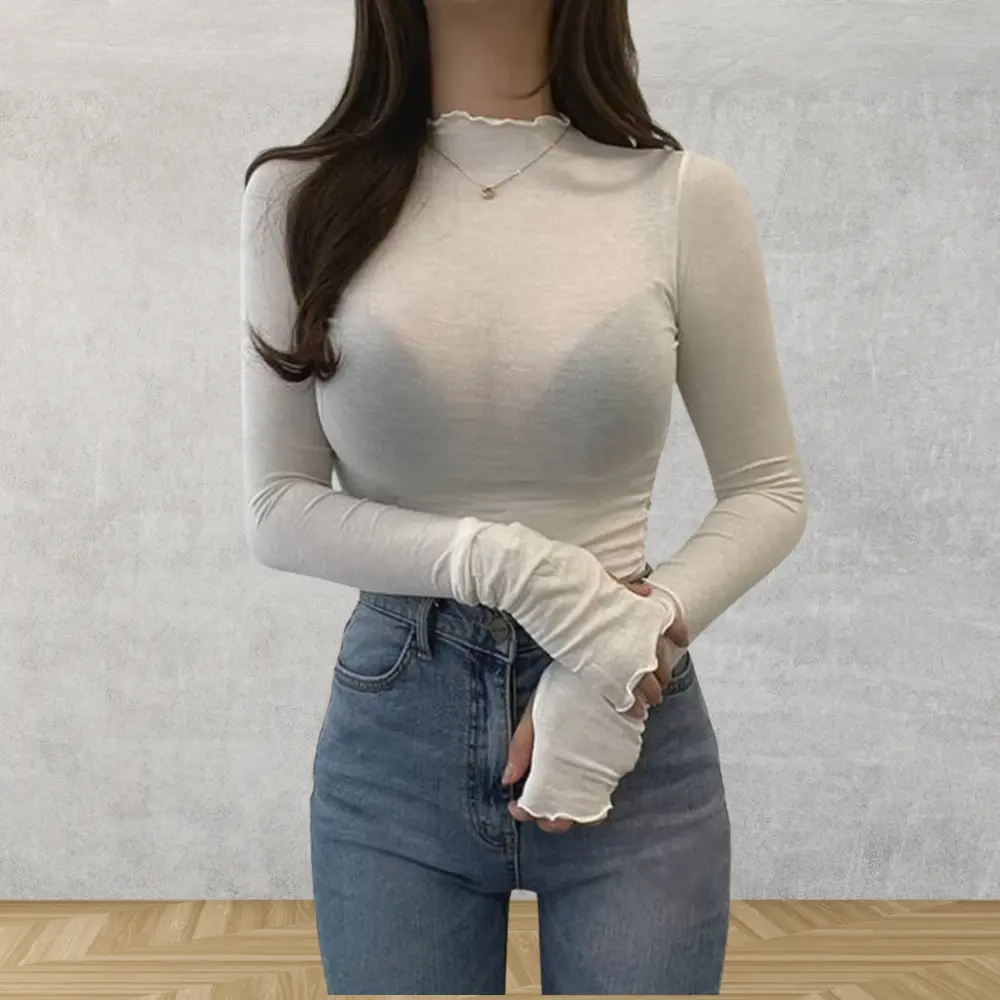 Sabrina Col Roulé Transparent À Volants Coupe Moulante Tissu Très Élastique Pour Style Audacieux Moderne