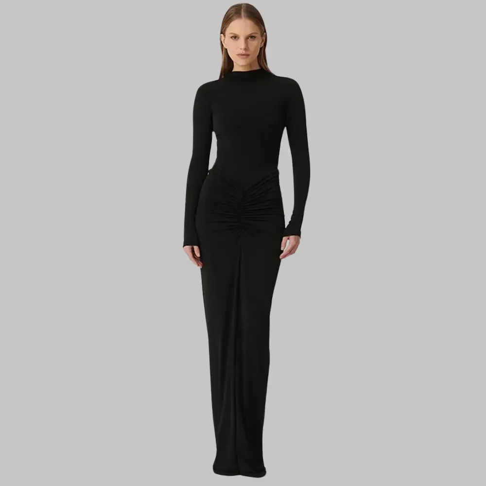 Robe Maxi Plissée Selene Amawinc Taille Haute Manches Longues Pour Événements Élégants