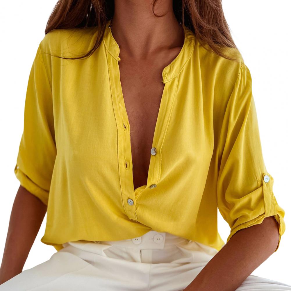 Blouse Femme Décontractée Col V Montant Boutons Détails 3D Coupe Flatteuse Serena Couleur Unie Été
