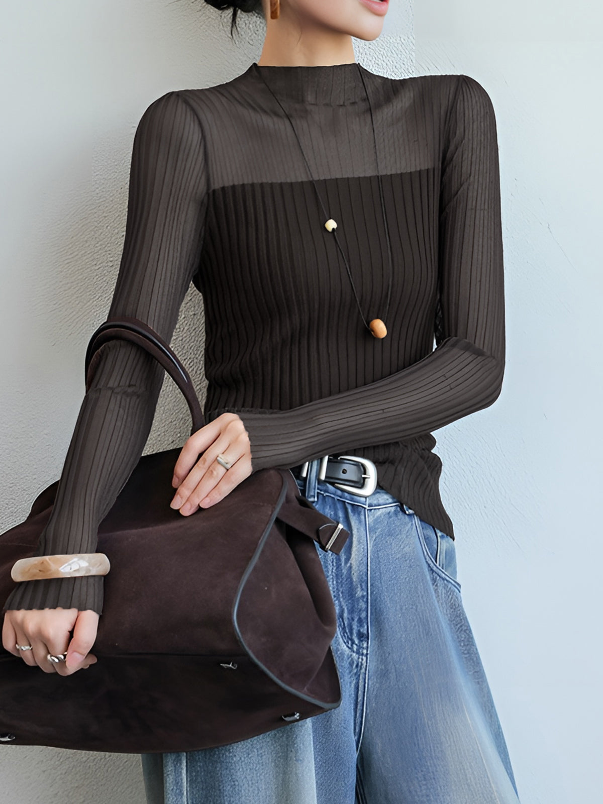 Pull Slim En Maille Côtelée Avec Panneaux Transparents Viscose Polyester Décontracté Pour Le Travail Et Loisirs