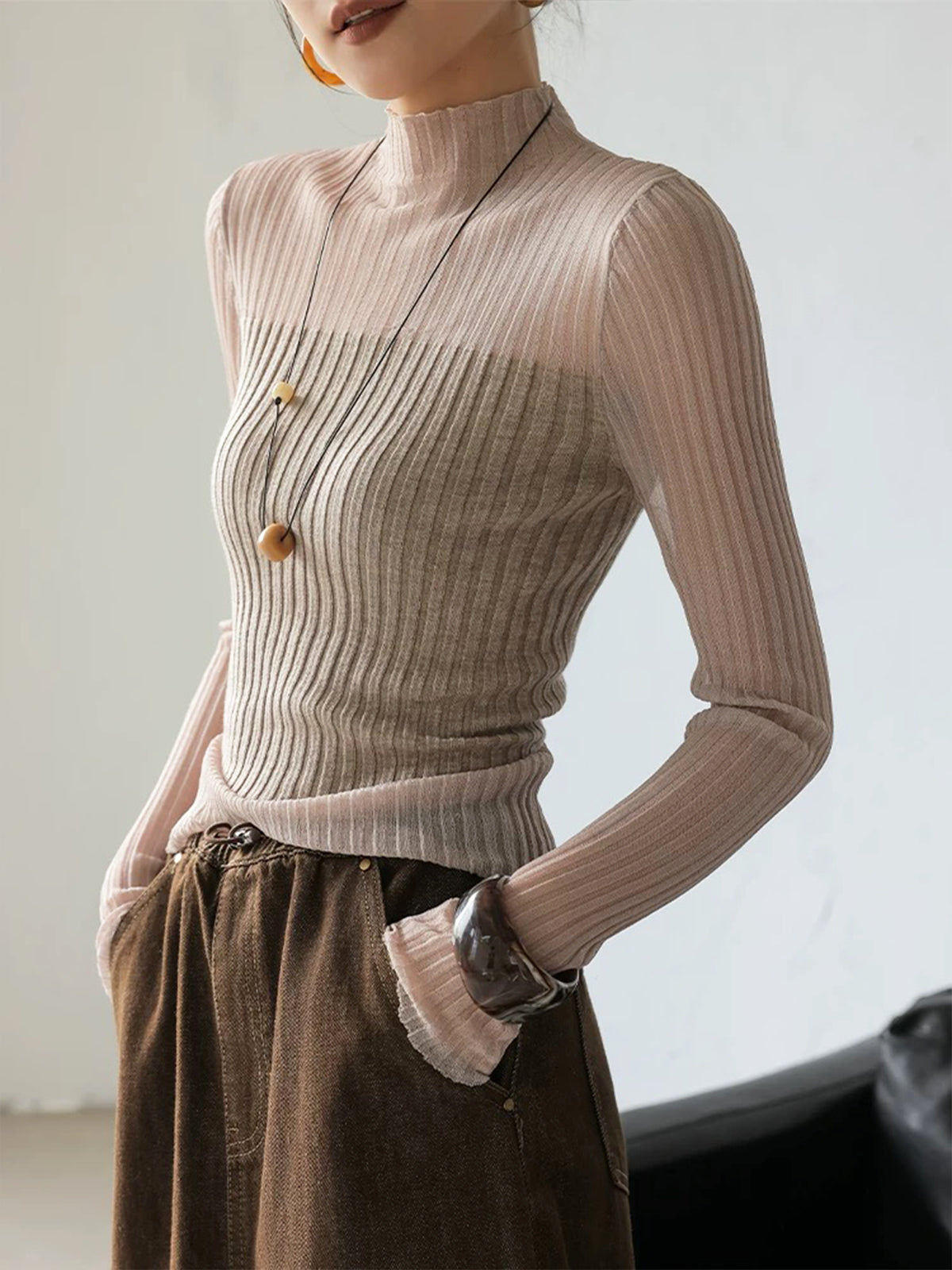 Pull Slim En Maille Côtelée Avec Panneaux Transparents Viscose Polyester Décontracté Pour Le Travail Et Loisirs