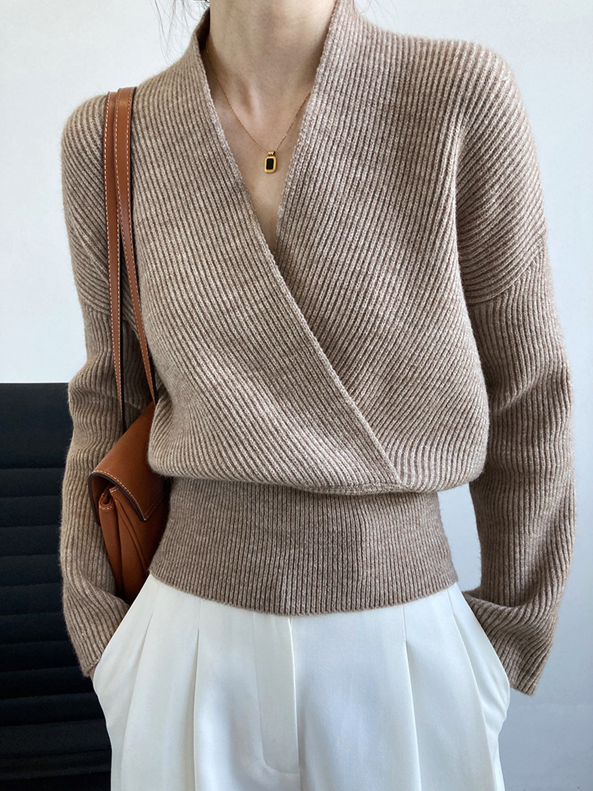 Pull Enveloppant Décontracté en Maille Polyester Élasthanne pour Femme Style Casual Usage Travail Loisir