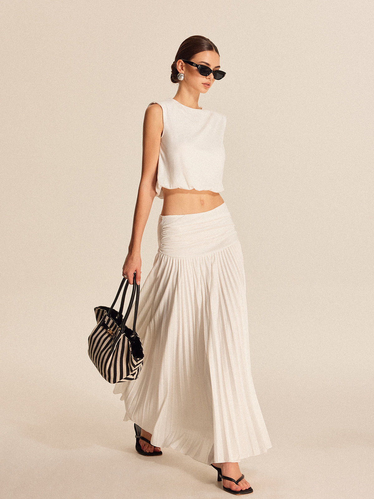Ensemble Jupe Plissée Et Haut À Épaules Rembourrées En Polyester Léger Pour Mariage Et Loisirs