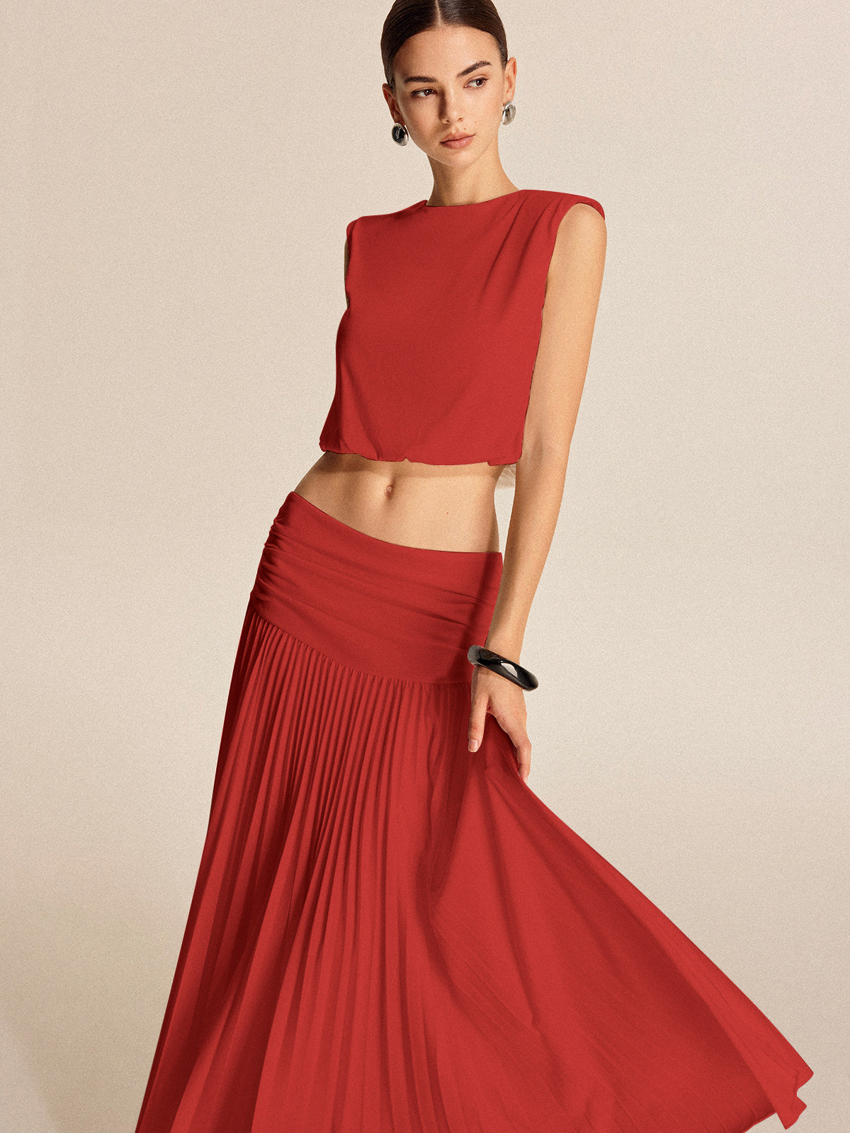 Ensemble Jupe Plissée Et Haut À Épaules Rembourrées En Polyester Léger Pour Mariage Et Loisirs