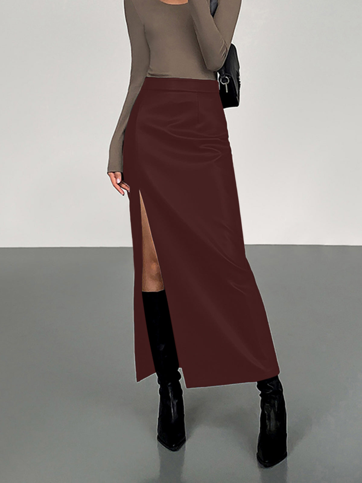 Jupe Midi en Cuir PU à Fente Latérale Amawinc Pour Femme Élégante Polyvalente Pour Tenue Quotidienne