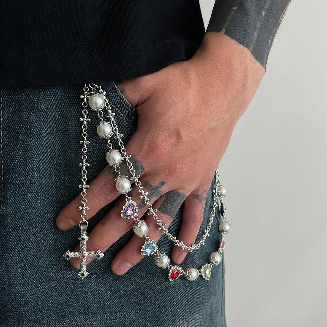 Chaîne Porte Monnaie Hearts On Lock Amawinc Avec Perles Fauses Cœurs Enamel Croix Polie Pour Looks Audacieux