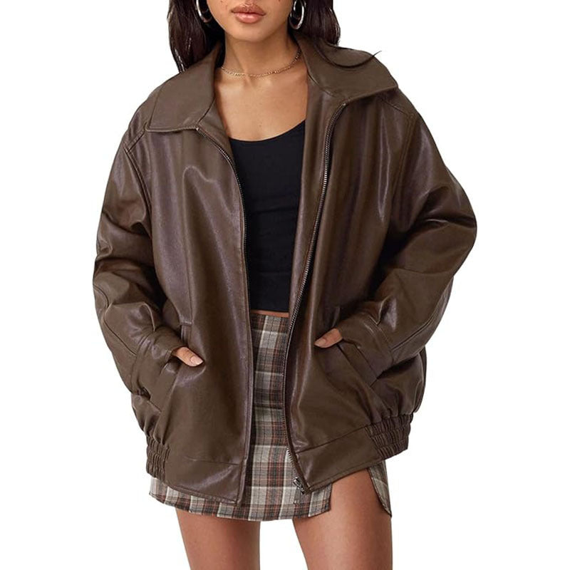 Veste En Cuir Pour Femme Biker Longue Avec Doublure Chaude Zips Détaillés Et Coupe Cintrée Moderne