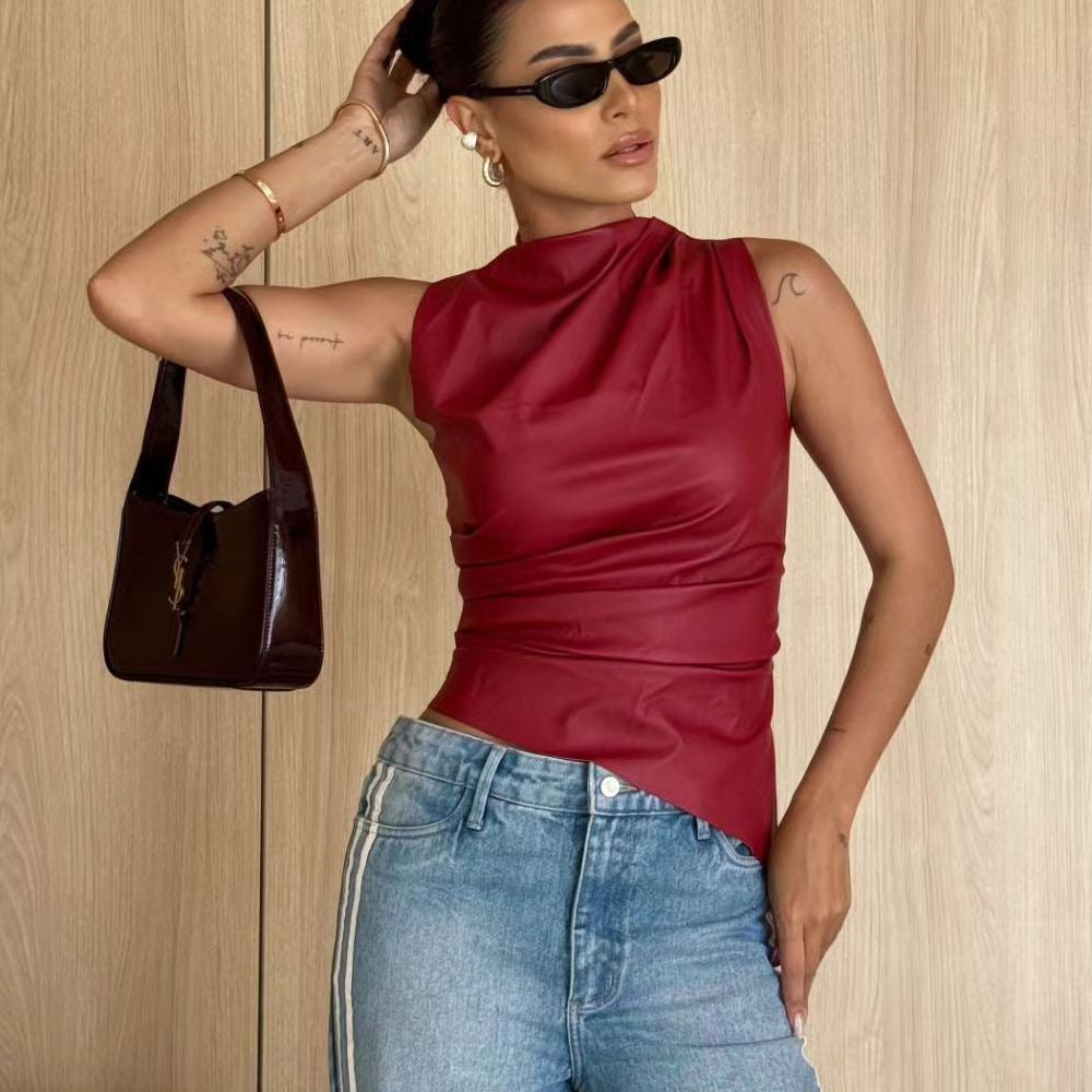 Top Sans Manches En Faux Cuir Col Montant Cintré Décontracté Chic Pour Travail Fête Mariage