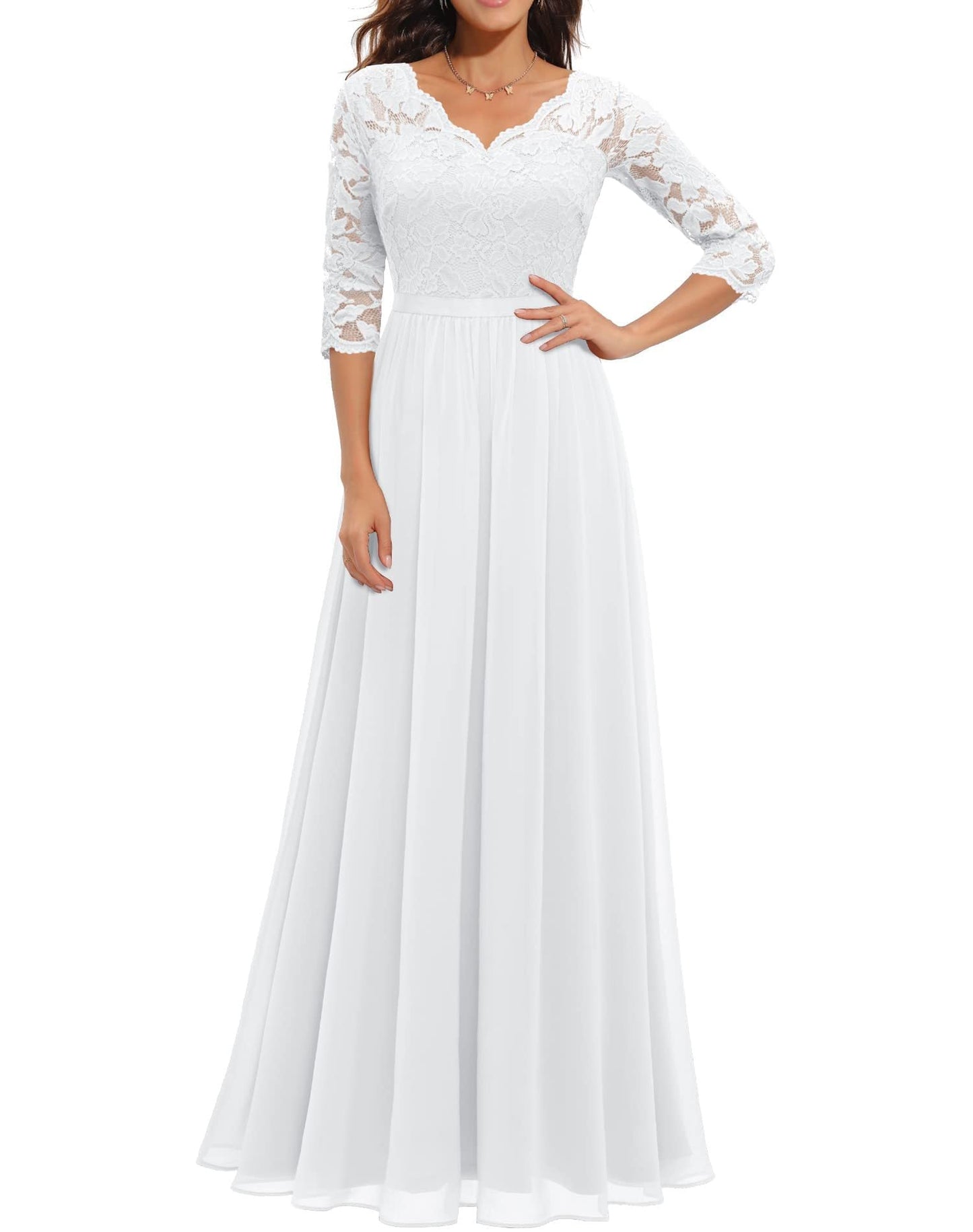 Robe Longue En Dentelle Beige Avec Corsage En Dentelle Et Manches Trois Quart Pour Mariage