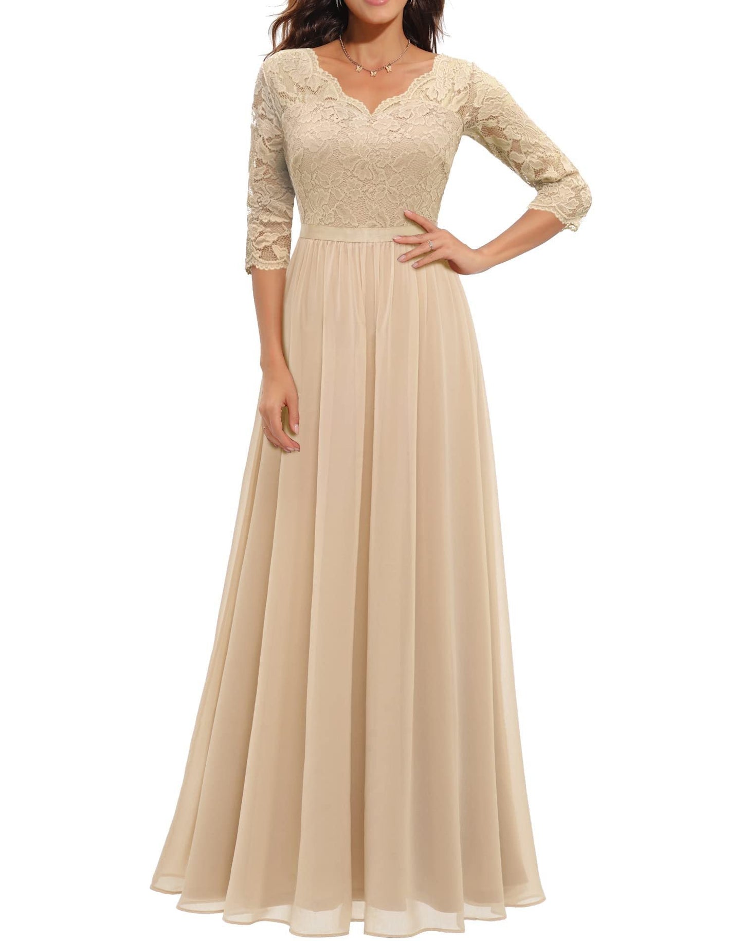 Robe Longue En Dentelle Beige Avec Corsage En Dentelle Et Manches Trois Quart Pour Mariage