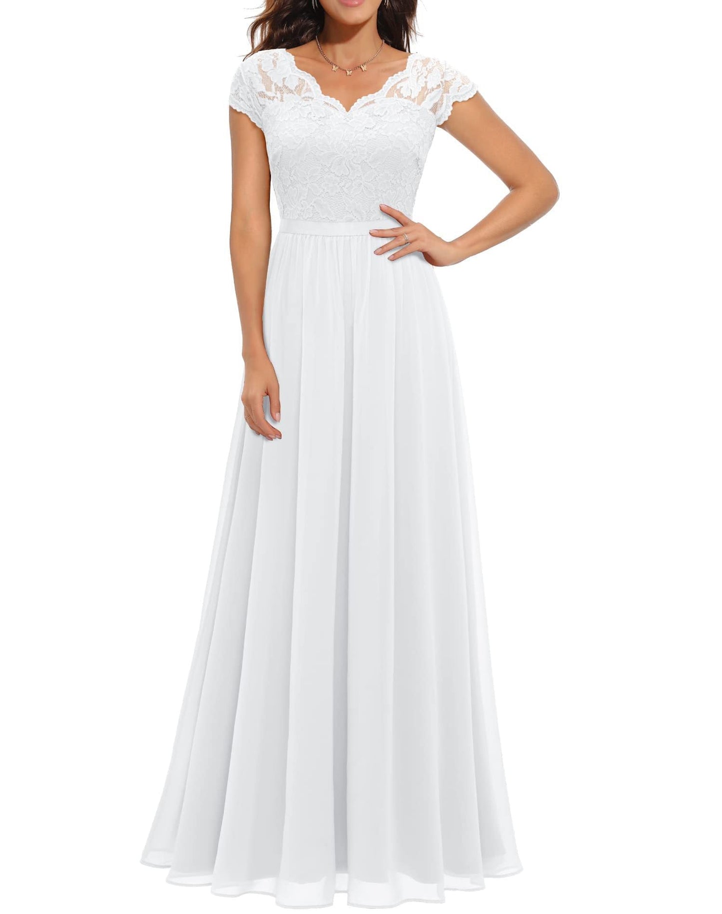 Robe Longue En Dentelle Beige Avec Corsage En Dentelle Et Manches Trois Quart Pour Mariage