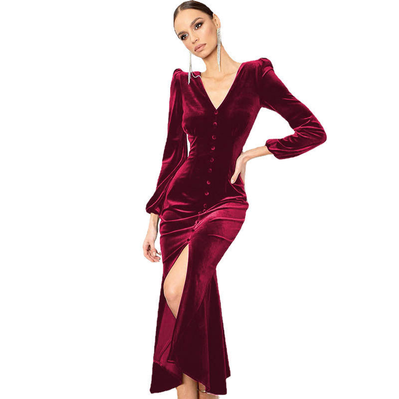 Robe Maxi En Velours À Manches Longues Boutonnée Devant Fente Avec Décolleté En V Pour Soirée
