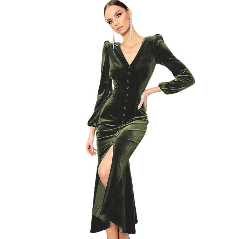 Robe Maxi En Velours À Manches Longues Boutonnée Devant Fente Avec Décolleté En V Pour Soirée