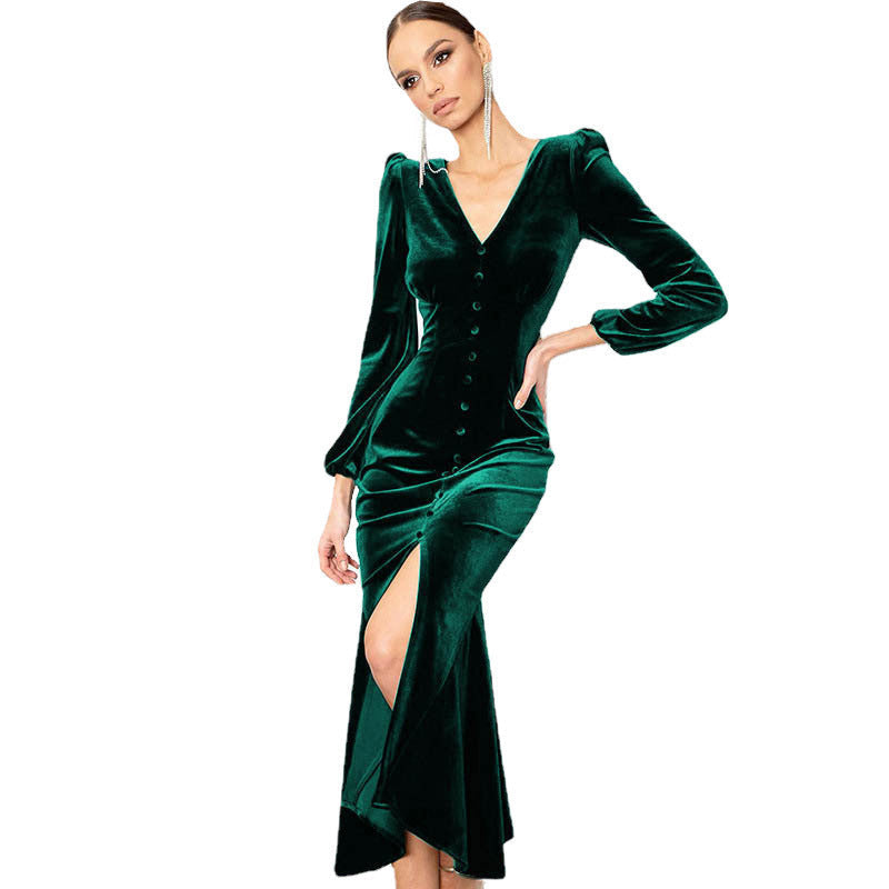 Robe Maxi En Velours À Manches Longues Boutonnée Devant Fente Avec Décolleté En V Pour Soirée