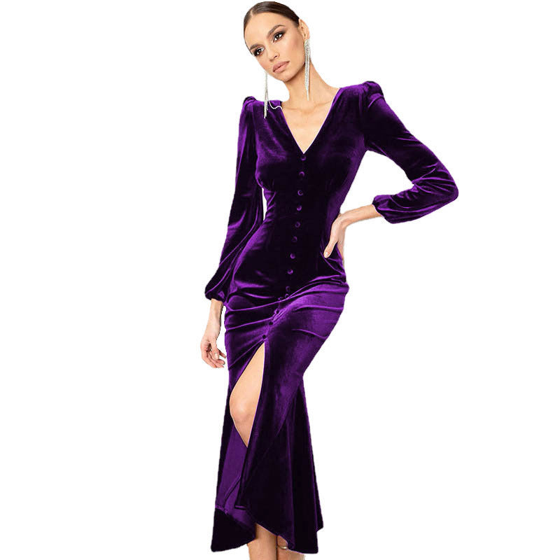 Robe Maxi En Velours À Manches Longues Boutonnée Devant Fente Avec Décolleté En V Pour Soirée