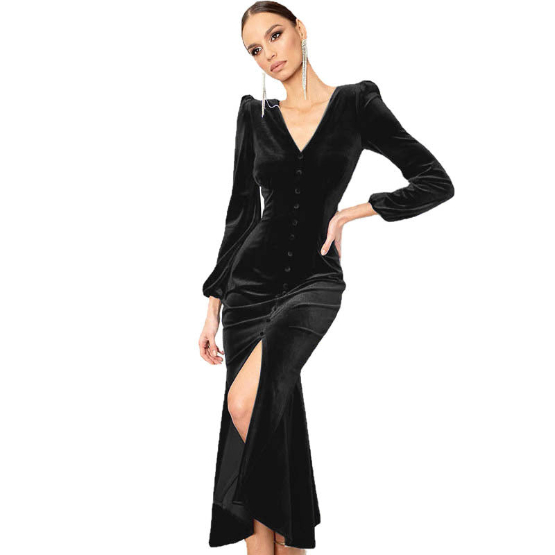 Robe Maxi En Velours À Manches Longues Boutonnée Devant Fente Avec Décolleté En V Pour Soirée