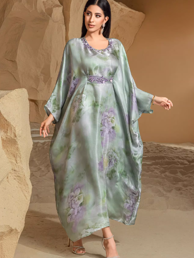 Robe D'Été Élégante Imprimé Fruits Verts Amawinc Manches Chauve-Souris pour Vacances et Fêtes en Plein Soleil