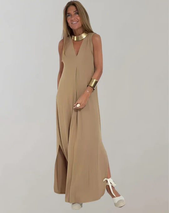 Robe Amincissante Sans Manches Longue Décolleté en V Pour Printemps Été Élégance Quotidienne Amawinc