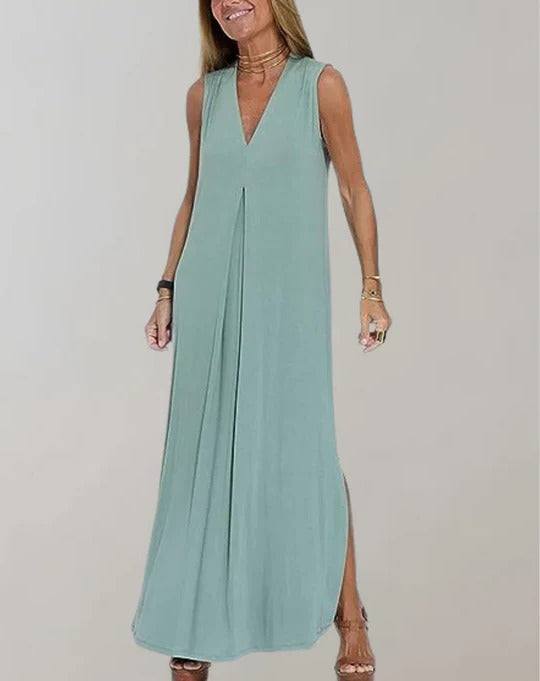 Robe Amincissante Sans Manches Longue Décolleté en V Pour Printemps Été Élégance Quotidienne Amawinc
