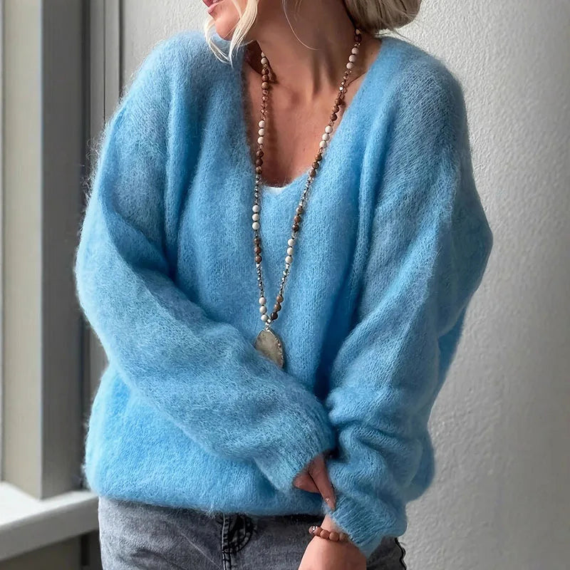 Pull Femme Col V Duveteux Doux Oversize Pour Automne Disponible Dans Une Large Palette De Nuances Confortable