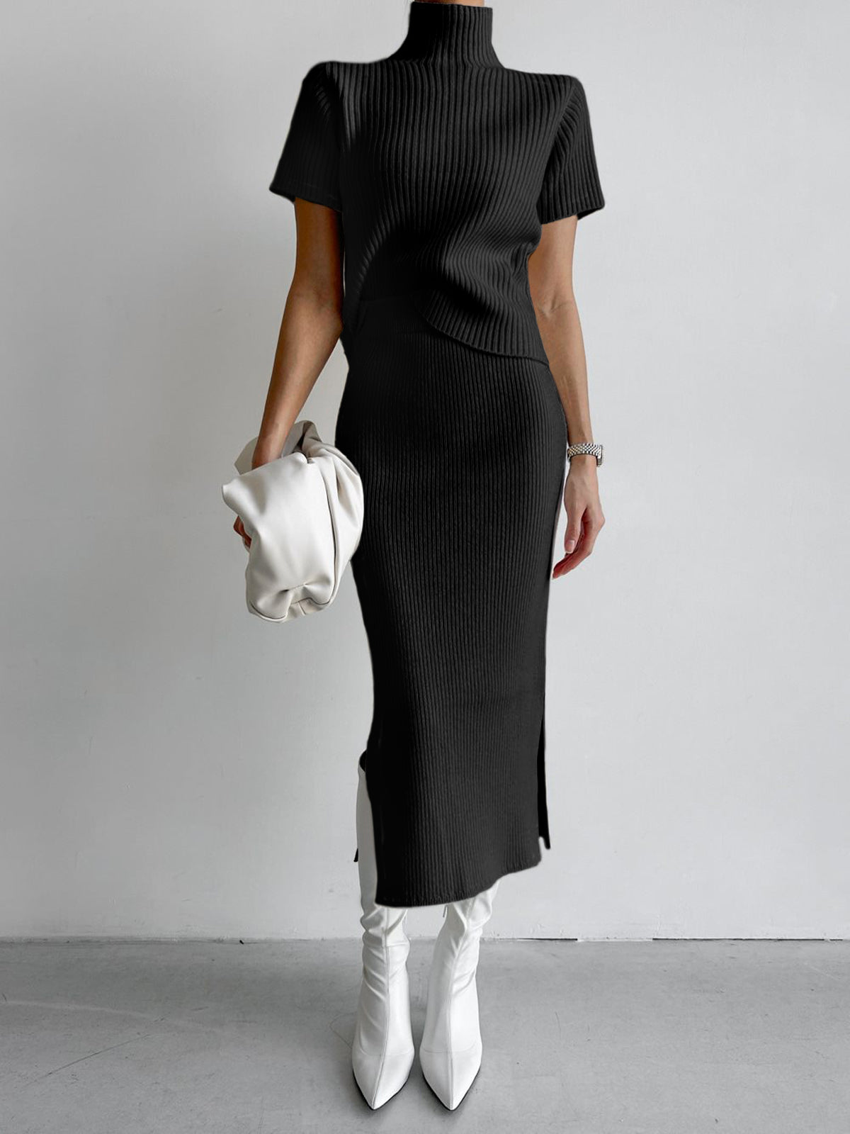 Ensemble Jupe et Haut Tricot Côtelé à Col Haut avec Fente Deux Pièces pour Loisirs Élégant