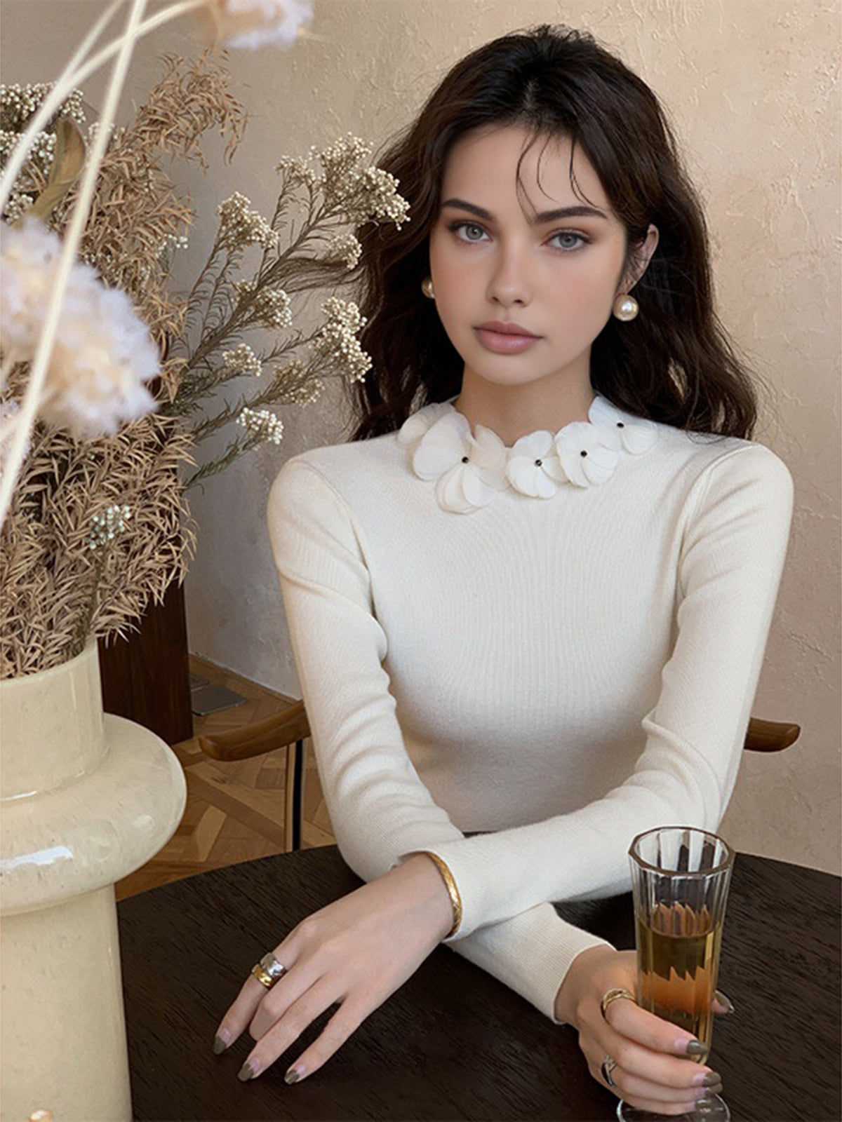 Haut En Maille Unie À Manches Longues Élégant Romantique Pour Travail Et Loisirs Décontractés Quotidiens Pour Femme