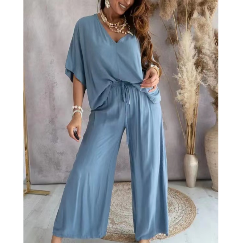 Ensemble Loungewear Femmes Col V Oversize Tissu Doux Et Respirant Pantalon Large Confortable